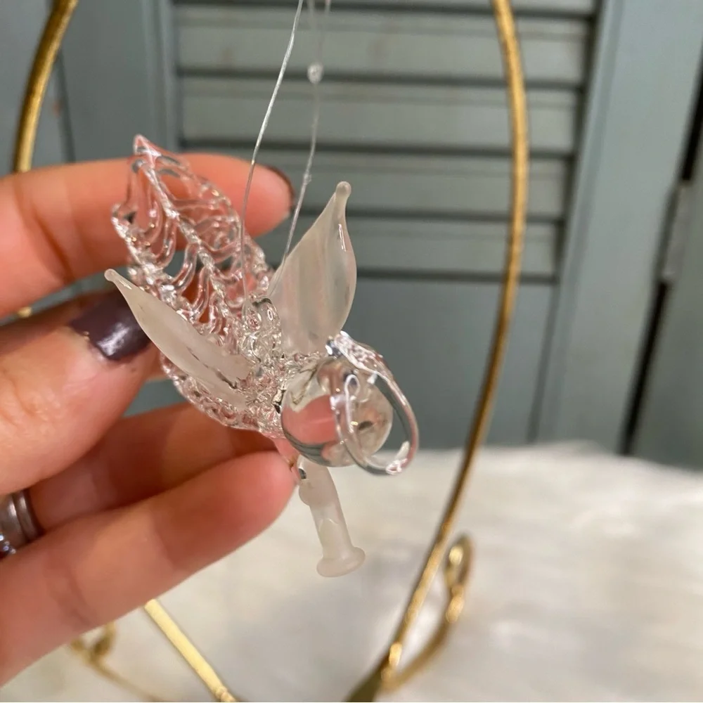 Vintage Spun Glass Angel Ornament with Frosted Wings and Horn